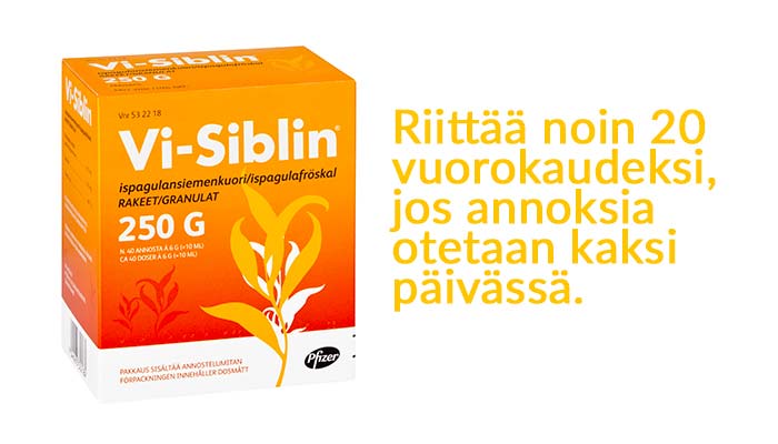 Vi-Siblin 250g pakkaus riittää noin 20 vuorokaudeksi, jos annoksia otetaan kaksi päivässä