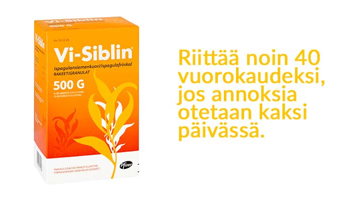 Vi-Siblin 500g pakkaus riittää noin 40 vuorokaudeksi, jos annoksia otetaan kaksi päivässä