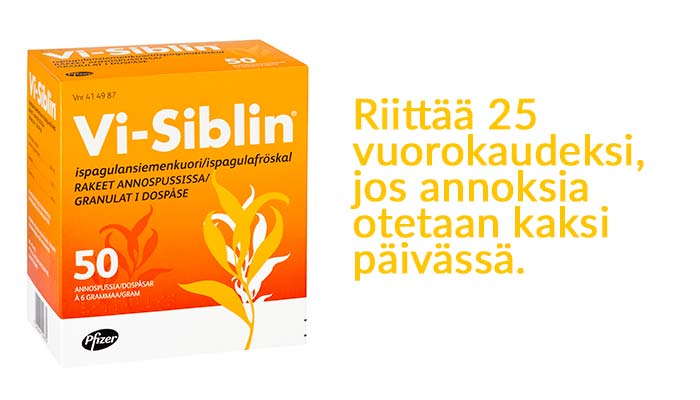 Vi-Siblin 50 annospussin pakkaus riittää 25 vuorokaudeksi, jos annoksia otetaan kaksi päivässä
