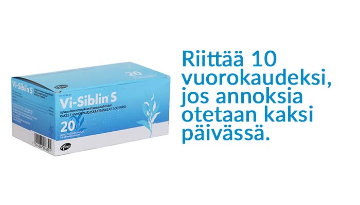 Vi-Siblin S 20 annospussia riittää 10 vuorokaudeksi, jos annoksia otetaan kaksi päivässä