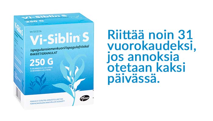 Vi-Siblin S 250g pakkaus riittää noin 31 vuorokaudeksi, jos annoksia otetaan kaksi päivässä