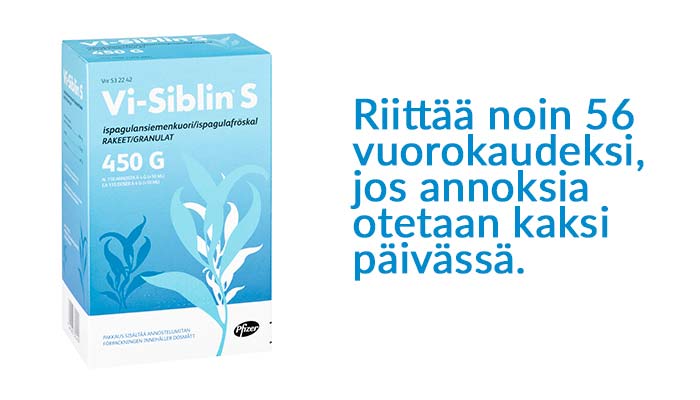 Vi-Siblin S 450g riittää noin 56 vuorokaudeksi, jos annoksia otetaan kaksi päivässä