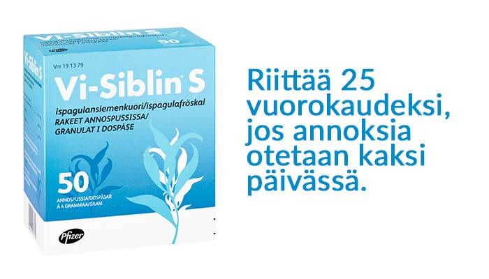 Vi-Siblin S 50 annospussia riittää 25 vuorokaudeksi, jos annoksia otetaan kaksi päivässä